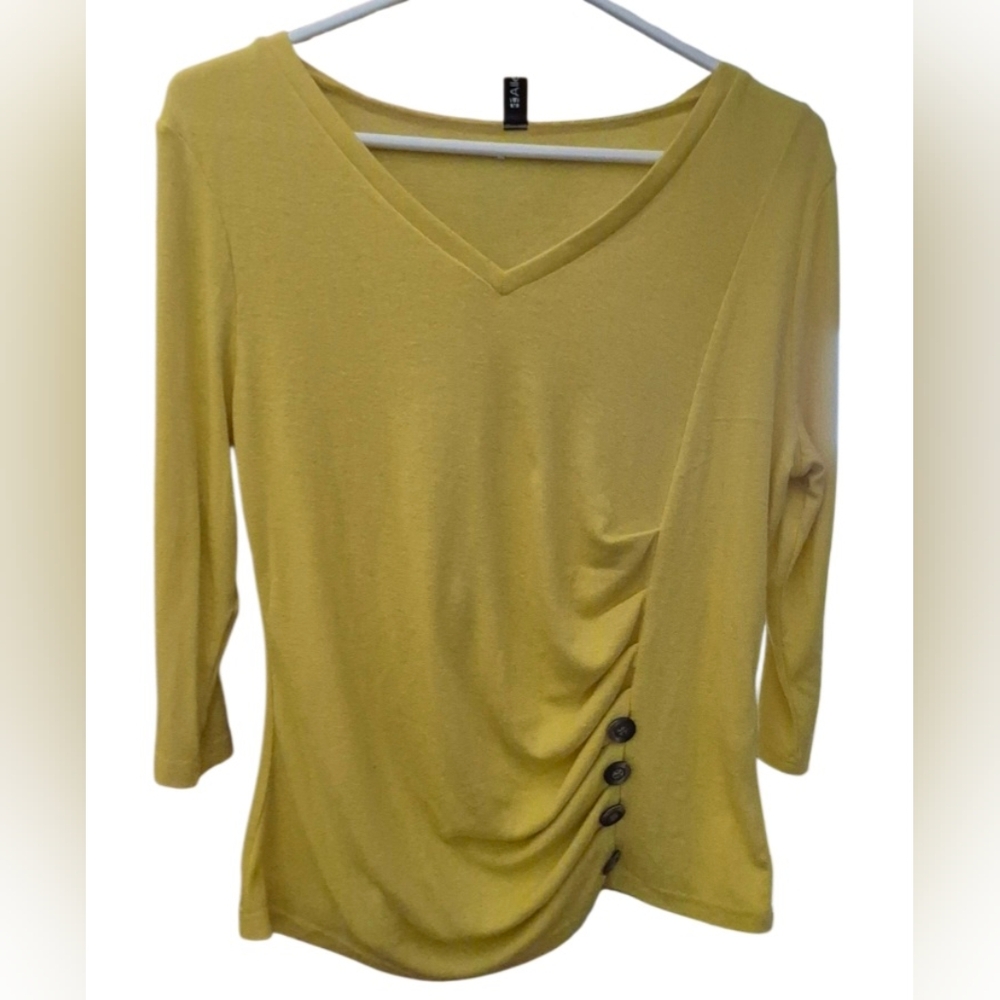 Allegra K Yellow Ruched Blouse with Button Detail